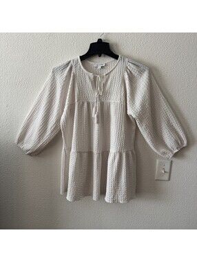 Boho White Tiered Peasant Blouse Textured Knit 3/4 Sleeve M Festival Cottagecore